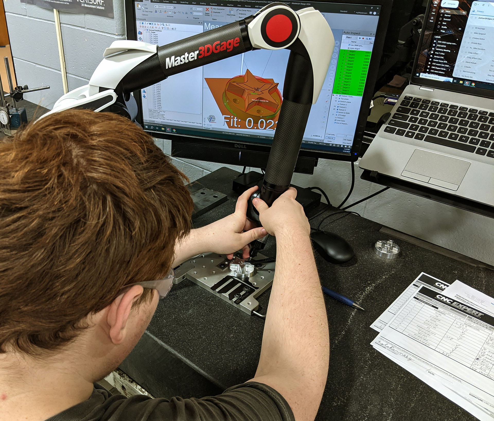 : Following production, students inspect their own parts using a Master3DGage solution powered by Verisurf software. Instructor-generated inspection routines maintain repeatable process control and monitoring, like in a commercial shop.