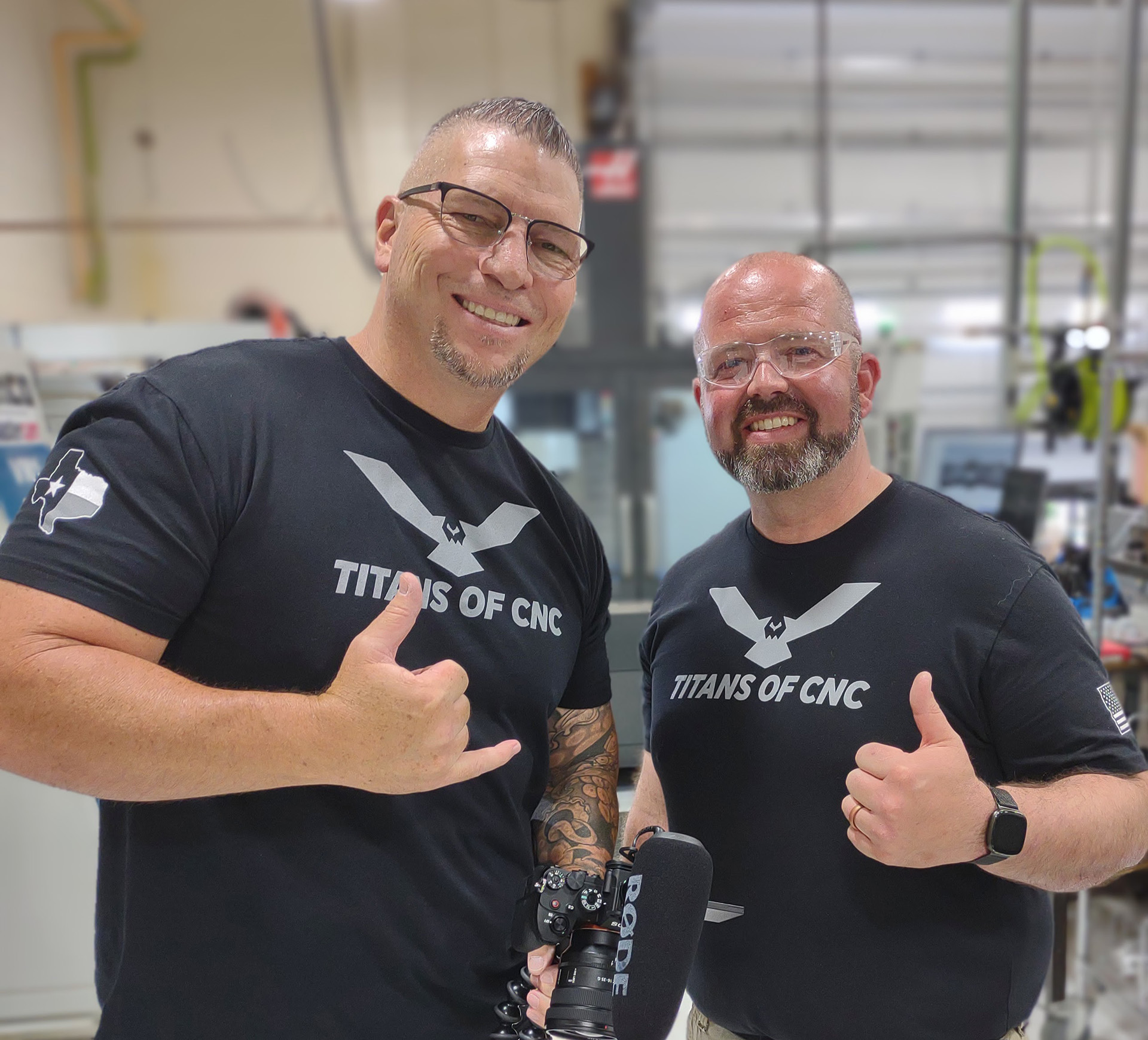 Gabe Kooyers (right), Vanburen Tech Advanced Manufacturing program instructor and President of the Michigan Machine Tool Instructor Association with Titan Gilroy (left), founder, CEO, and president of TITANS of CNC and the online training platform TITANS of CNC: Academy, during a recent shop visit.