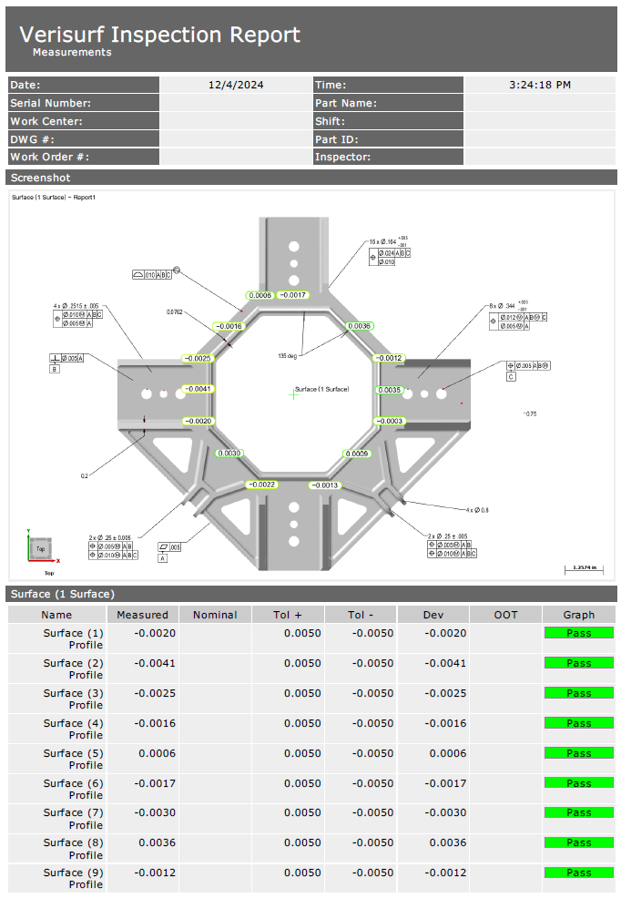 Report manager of GD&T inspection of a complex octagonal machined part